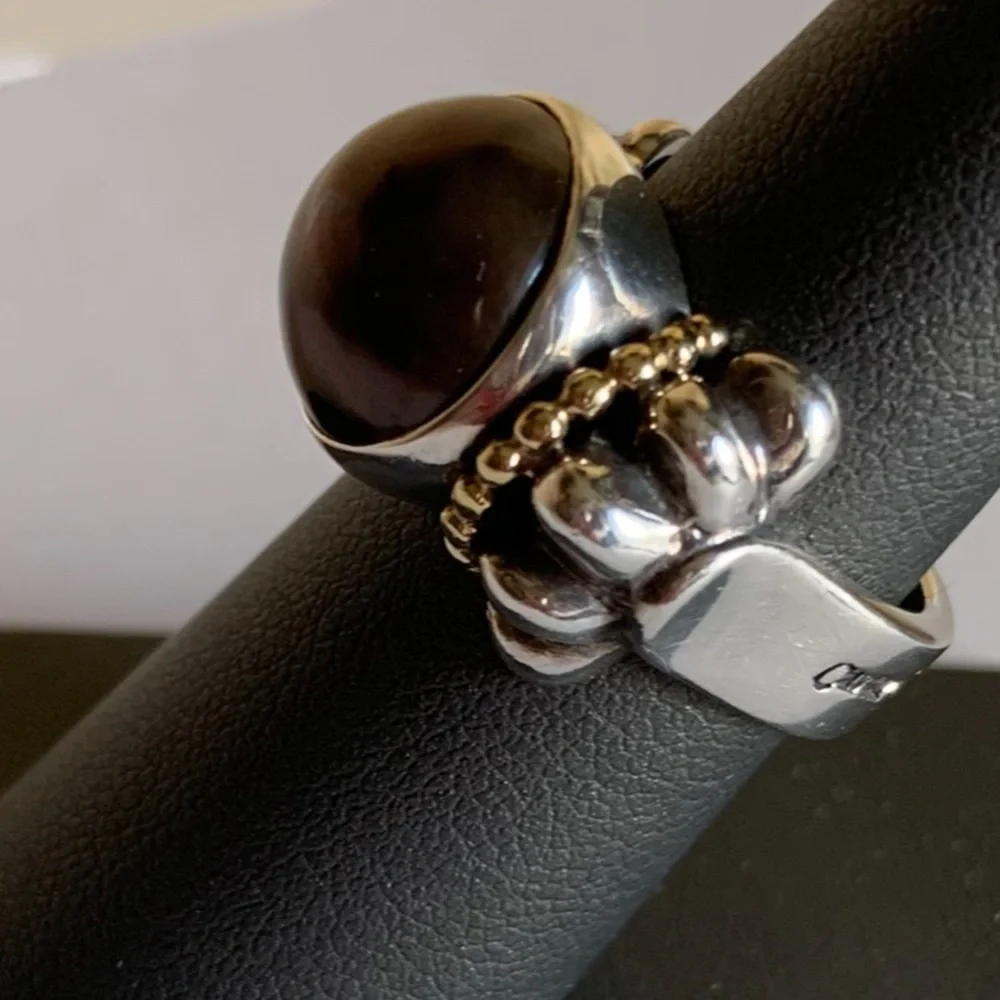 LAGOS SS and 18K gold caviar black mobe ring